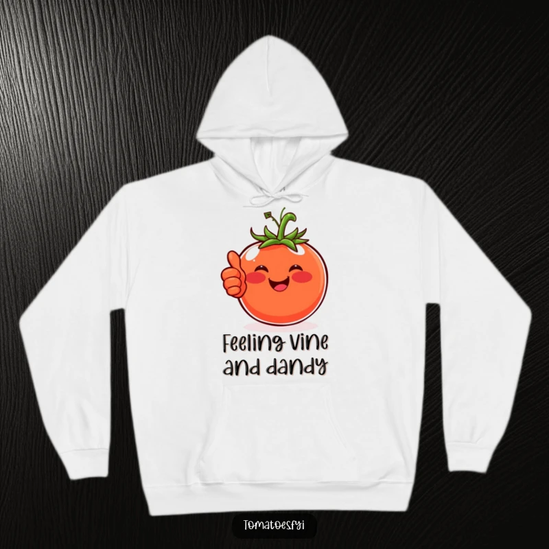 Funny hoodie featuring a happy tomato with rosy cheeks giving a thumbs-up, offering cozy and positive humor.