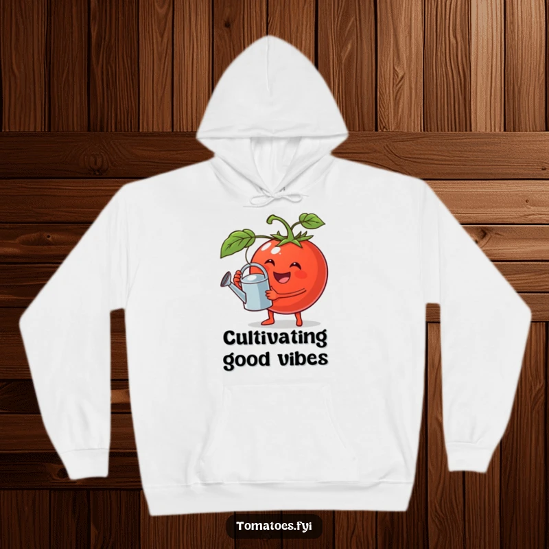 Funny hoodie featuring a jovial tomato carrying a tiny watering can, offering cozy horticultural humor.