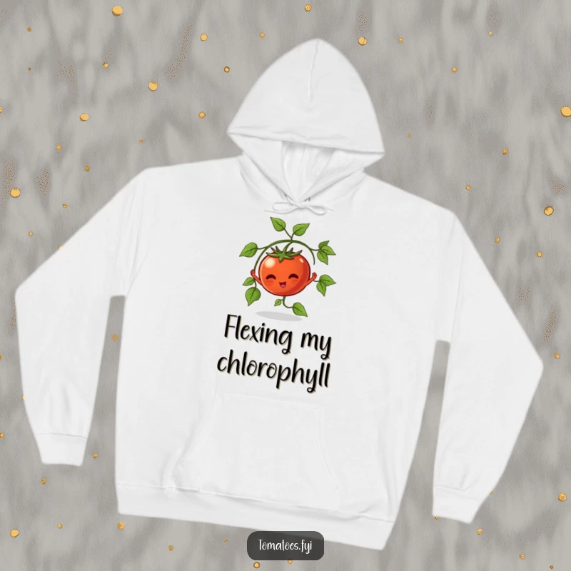 Funny Hoodie designed with a vine tomato character stretching its leaves, radiating natural energy and humor.