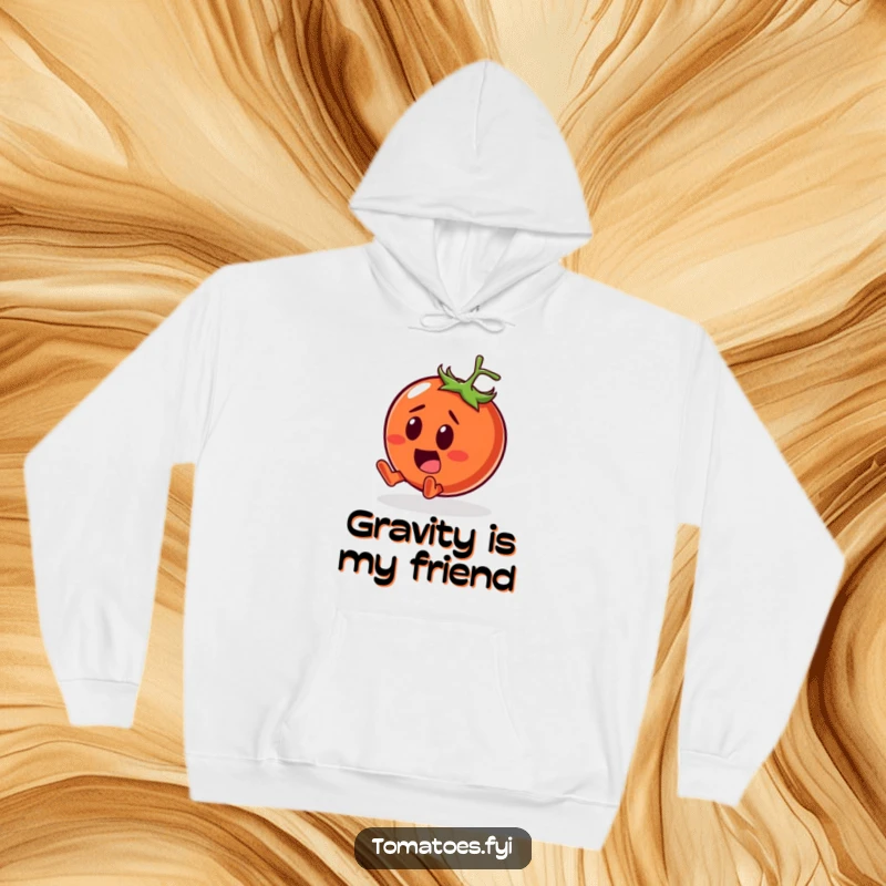 Funny Hoodie featuring a surprised tomato character comically tumbling with a smile, perfect for comfortable and humorous wear.