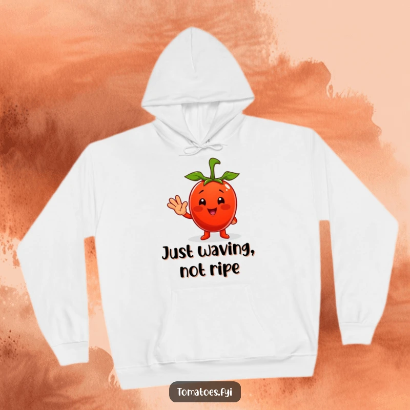 Funny hoodie with a delightful, round tomato character extending a cheerful wave, perfect for cozy, humorous wear.
