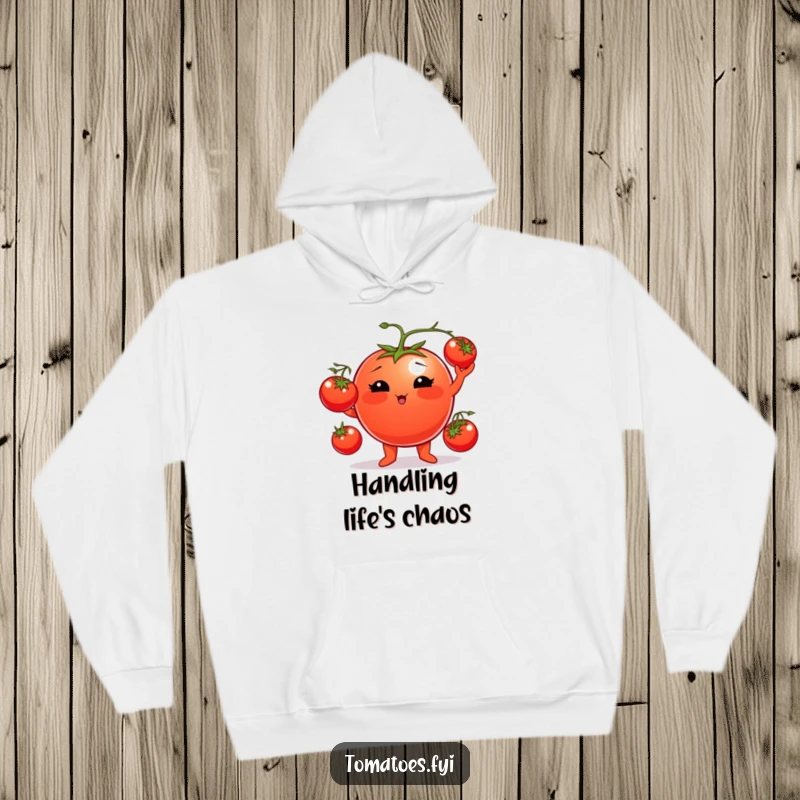 Funny tomato hoodie featuring a plump, rosy-cheeked tomato character juggling cherry tomatoes, combining warmth with playful comedy.