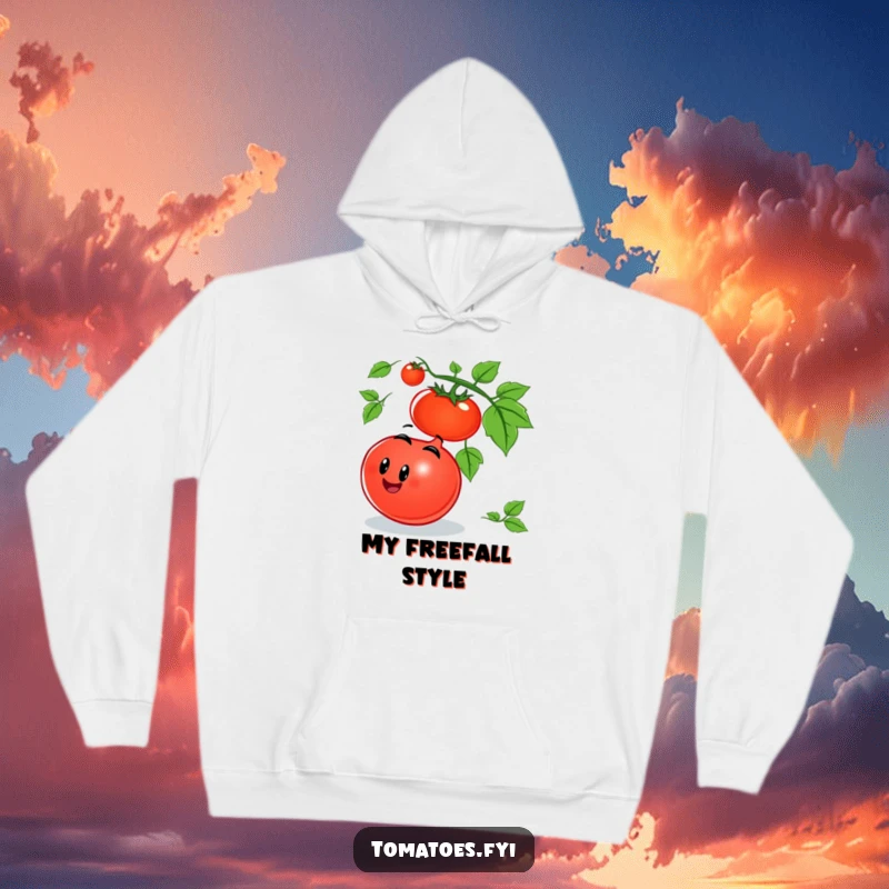 Funny tomato hoodie featuring a smiling tomato character joyfully rolling down a vine, offering cozy comfort and playful charm.