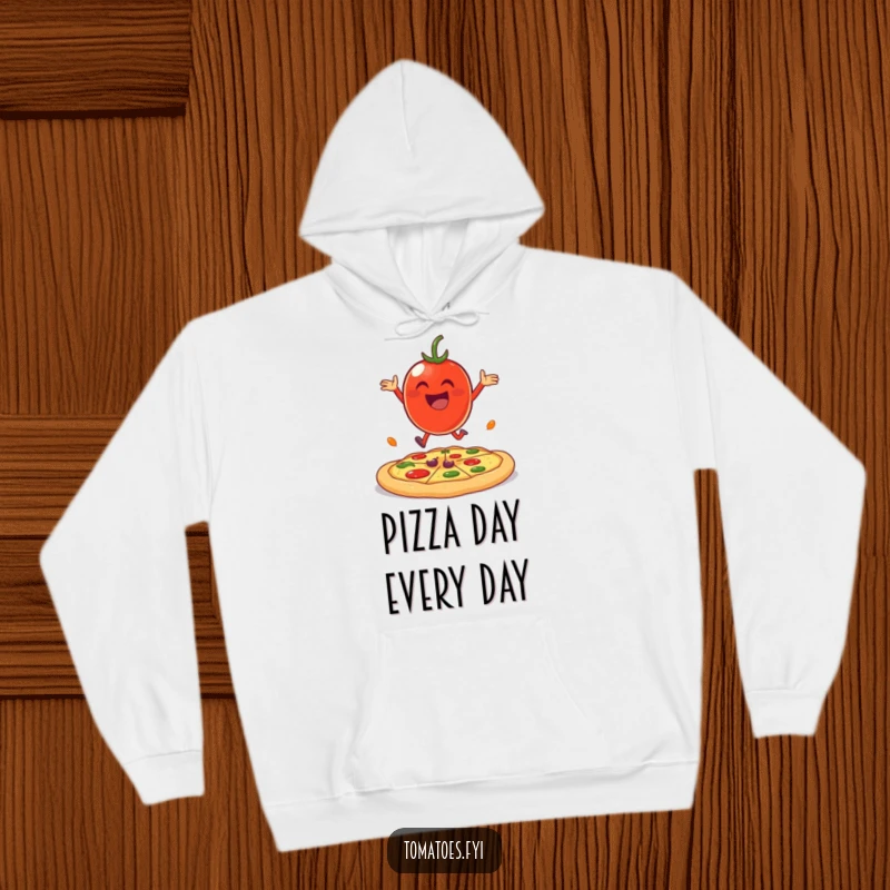 Funny cheerful tomato character joyfully bouncing on a giant pizza crust on a cozy hoodie.