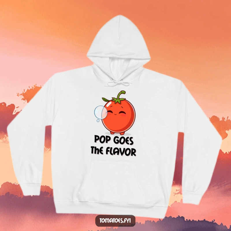 Funny hoodie illustration of a smirking tomato character blowing a bubble with its mouth, designed for comfort and humorous appeal.
