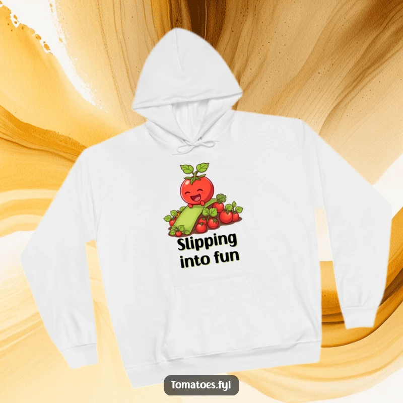 Funny tomato character sliding down a vegetable patch, printed on a warm and cozy hoodie.