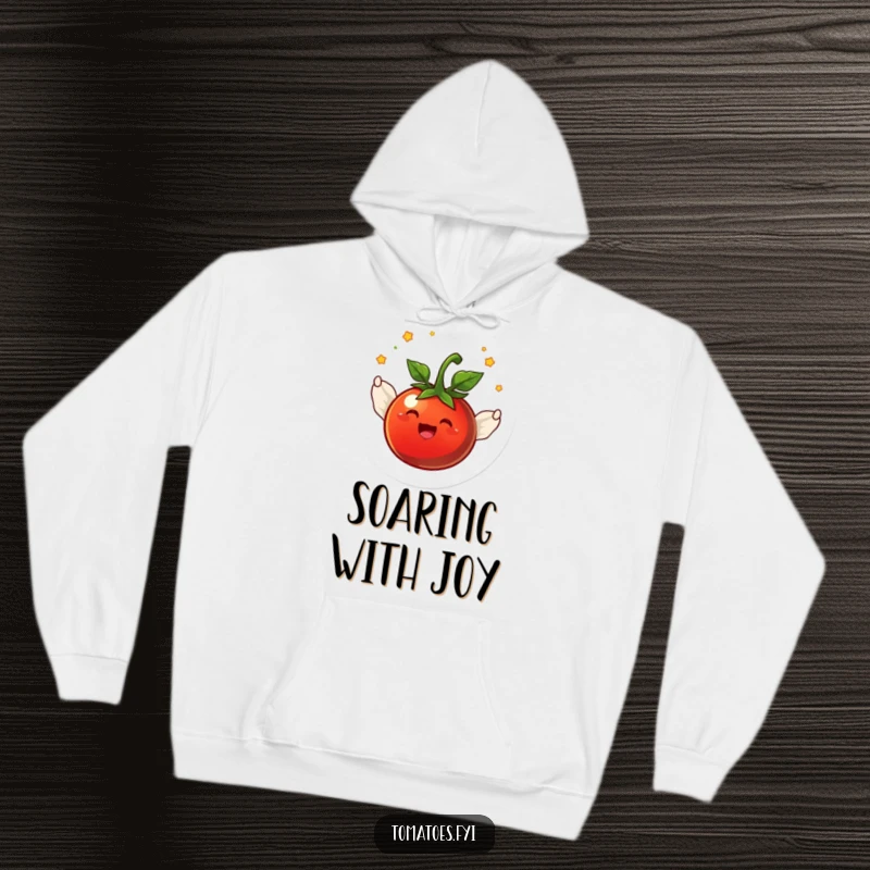 Funny joyful tomato character with tiny wings flying in a circle, printed on a warm hoodie.