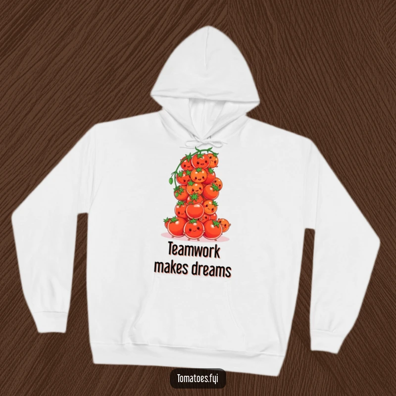Funny tomato characters in a comical attempt to build a tower of cherry tomatoes on this cozy hoodie.