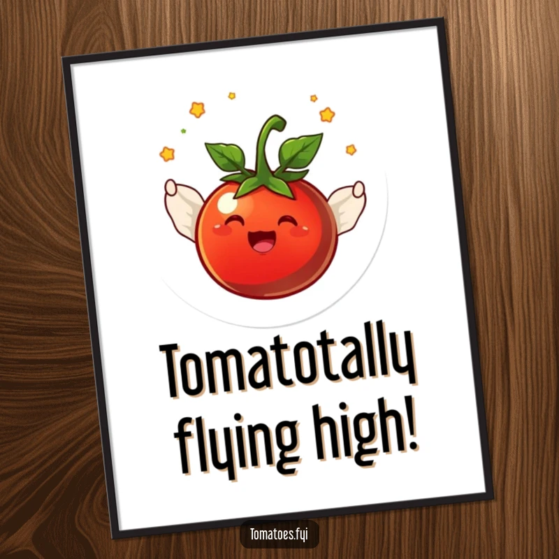Funny Free Printable Wall Art: Joyful tomato character with tiny wings flying in a cheerful circle, spreading happiness.