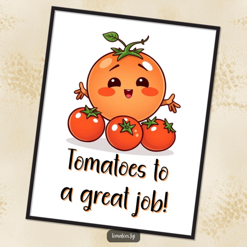 Funny Free Printable Wall Art: Tomato character comically attempting to juggle three smaller tomatoes, showing off impressive skill.
