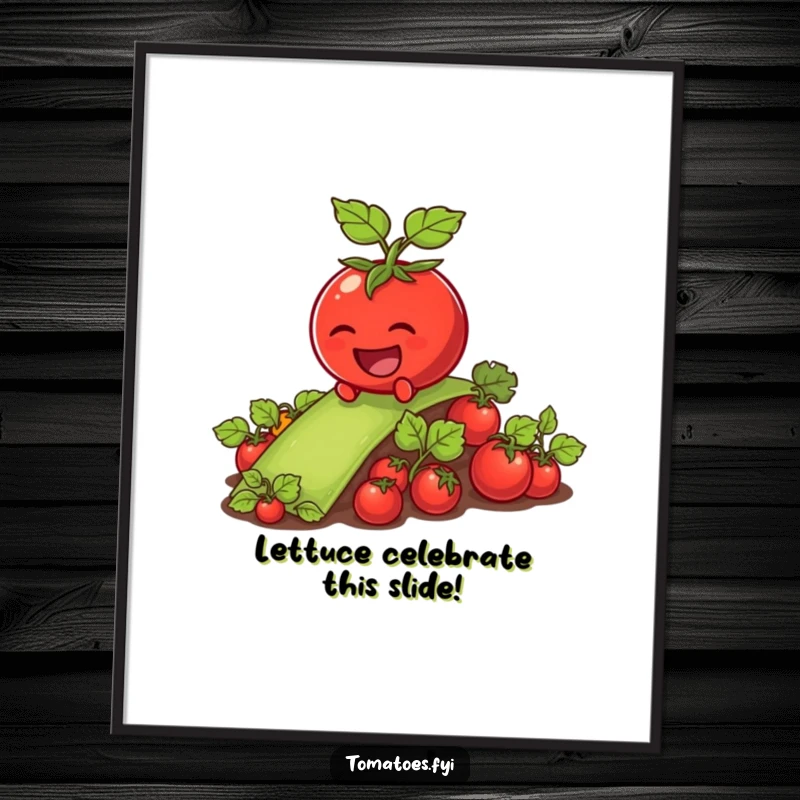 Funny Free Printable Wall Art: Tomato character laughing hysterically while sliding down a slippery vegetable patch, pure fun.