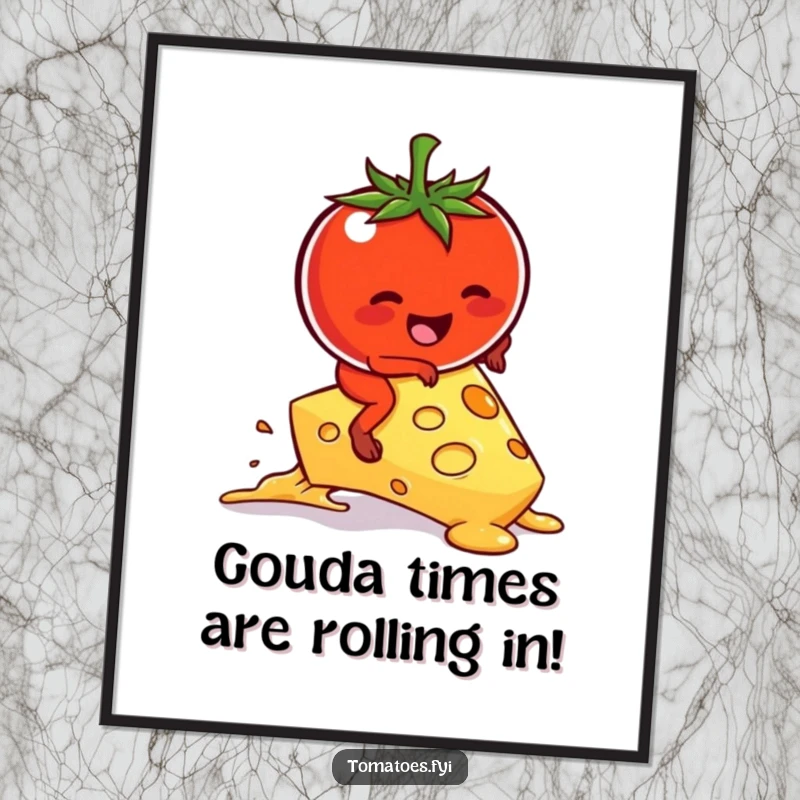 Funny Free Printable Wall Art: Cute tomato comically trying to ride a melting cheese slice, a humorous and quirky art piece.
