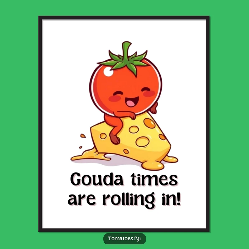 Free Printable Funny Wall Art: Kawaii Tomato On Melting Cheese, Downloadable Decor