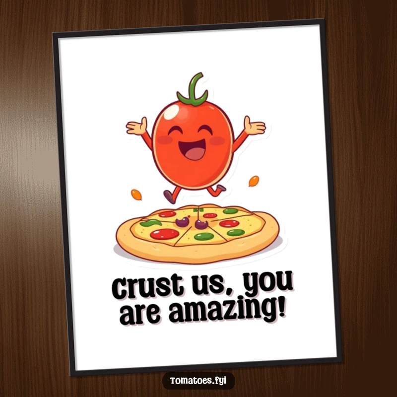 Funny Free Printable Wall Art: A cheerful tomato character joyfully bouncing on a giant pizza crust, a vibrant and fun piece.