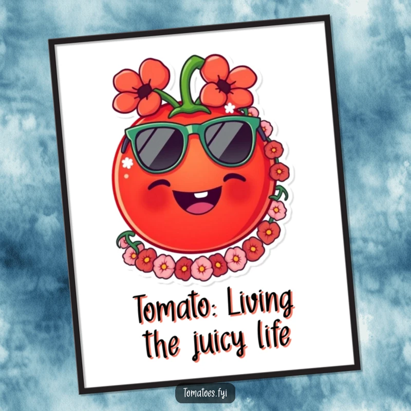 Funny Free Printable Tomato Wall Art: A smiling tomato wearing sunglasses and a lei, exuding cool vacation vibes.