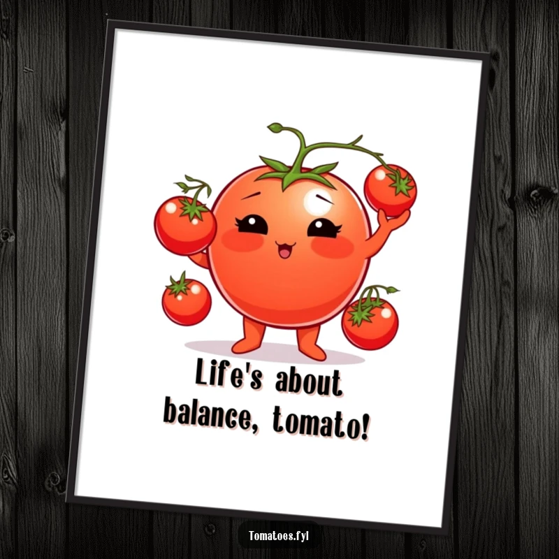 Funny Free Printable Wall Art depicting a plump tomato character with rosy cheeks juggling cherry tomatoes, adding playful charm to any space.