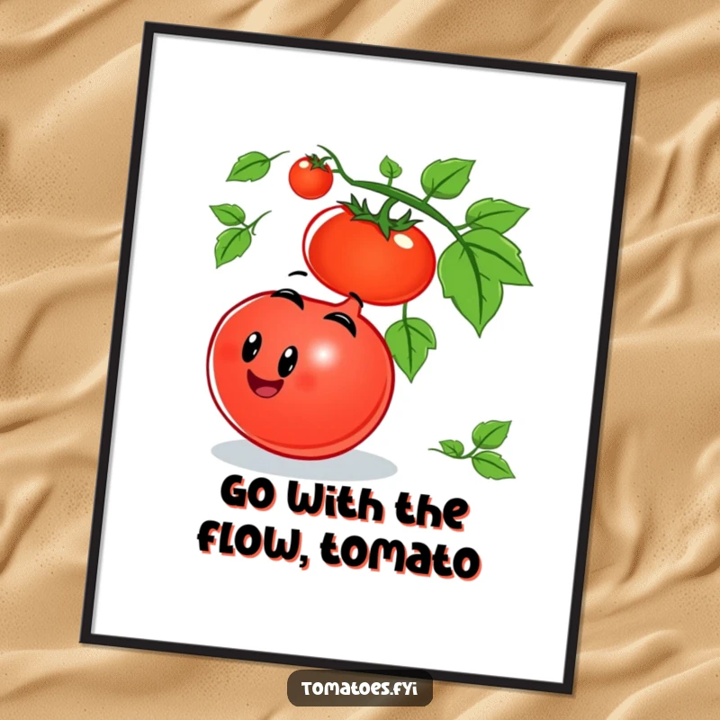 Funny Free Printable Wall Art depicting a smiling tomato character joyfully rolling down a vine, adding a sense of playful movement and cheer.