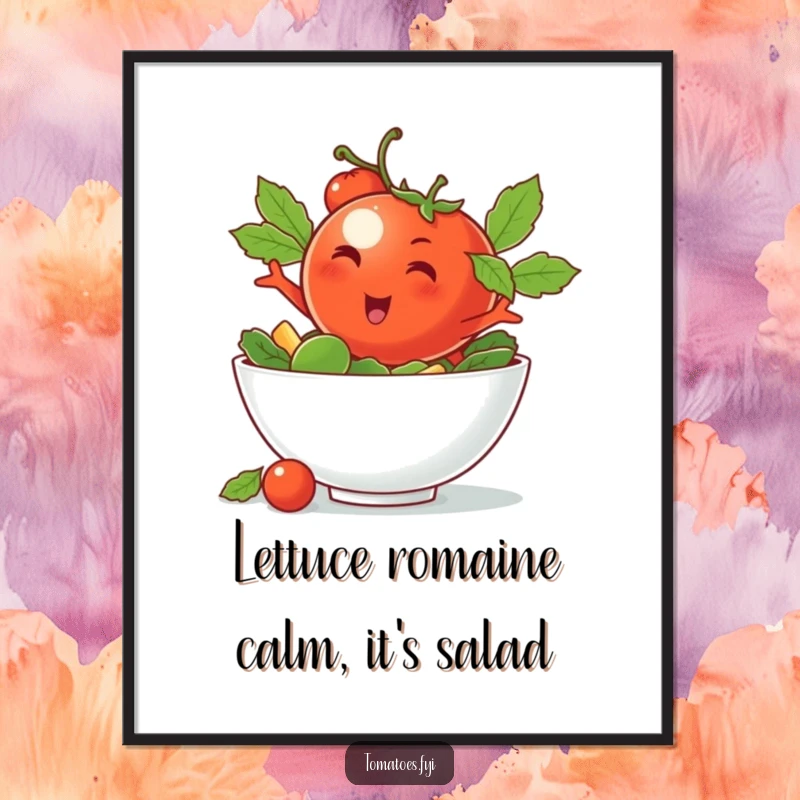 Funny Free Printable Wall Art: Winking tomato character performs a dynamic dive into a crisp salad bowl.