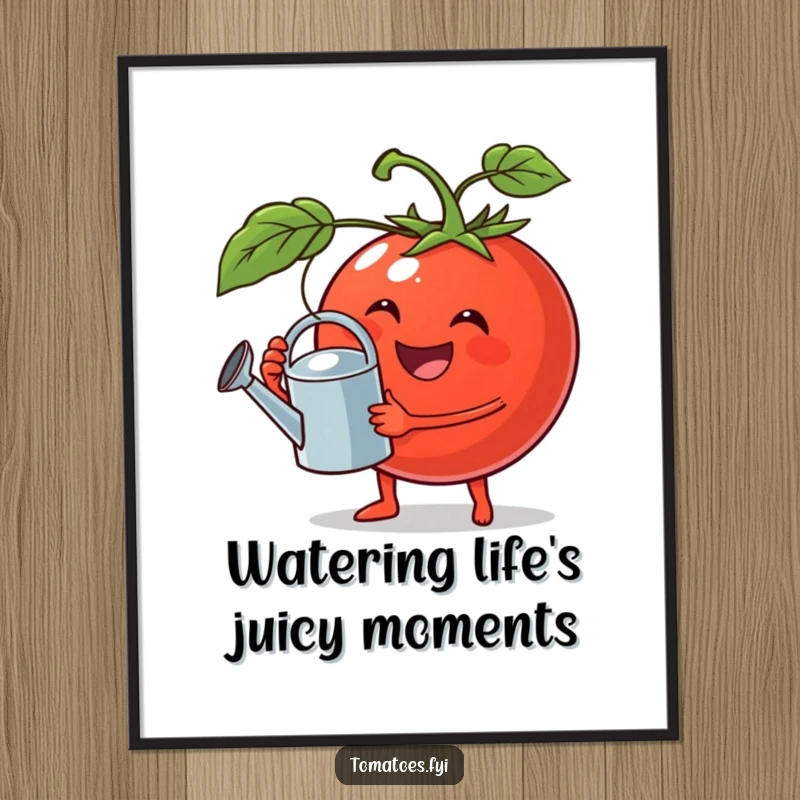 Funny Free Printable Wall Art: A jolly tomato with a kind smile carefully holds a tiny watering can, about to water something unseen.