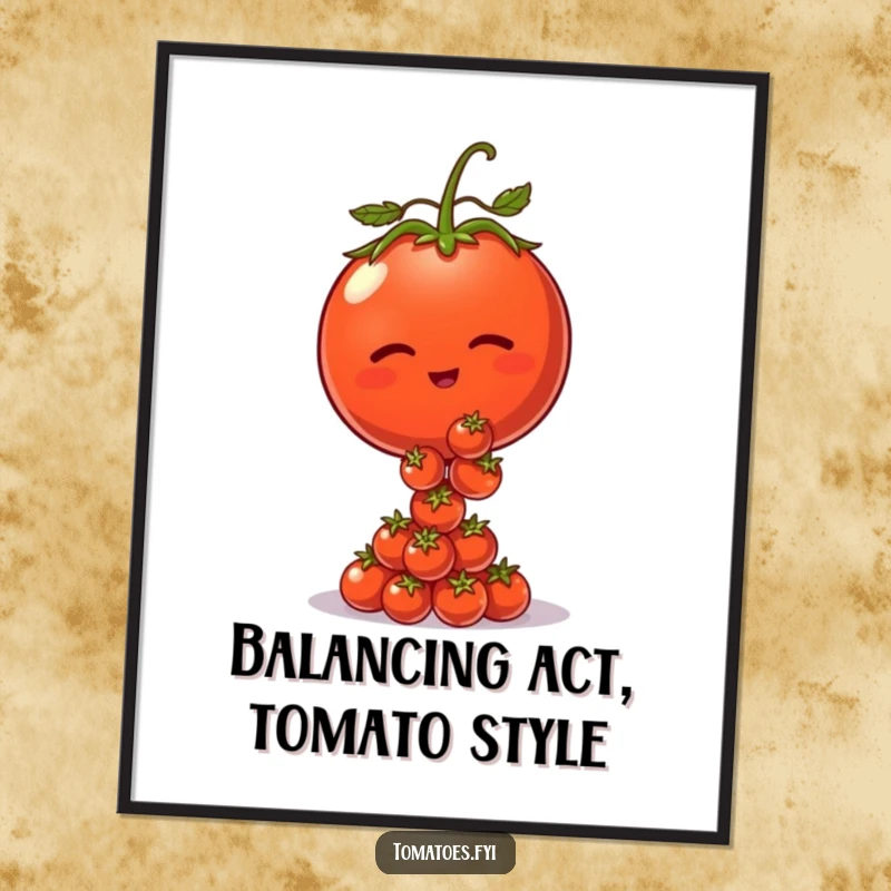 Funny Free Printable tomato wall art, a winking tomato character balancing a precarious pile of smaller tomatoes.