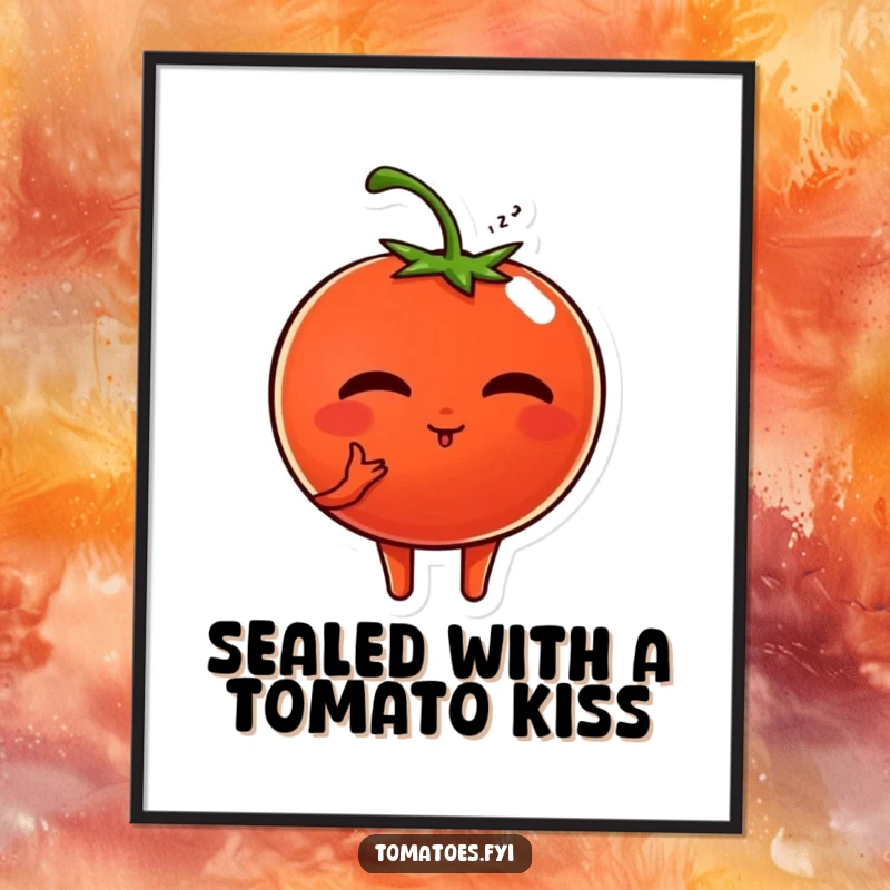 Funny Free Printable Wall Art: A sweet, round-faced tomato character blowing a kiss with a charming expression, radiating love.