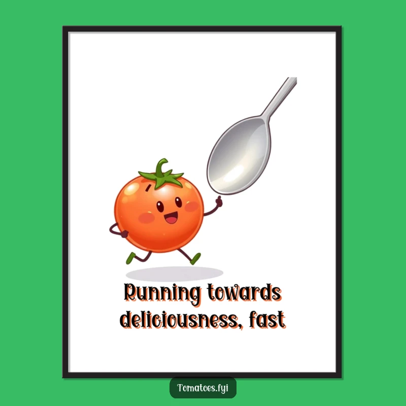 Funny Free Printable Wall Art: Tomato Sprinting Towards Spoon - Downloadable
