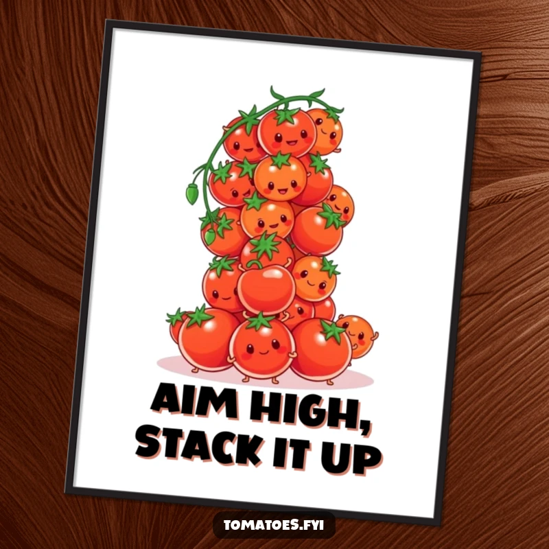 Funny Free Printable Wall Art: Tomato characters building a precarious tower of cherry tomatoes, a humorous and whimsical piece of decor.