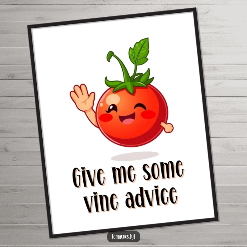 Funny Free Printable Wall Art showing a smiling tomato character offering a friendly wave, a humorous downloadable piece.