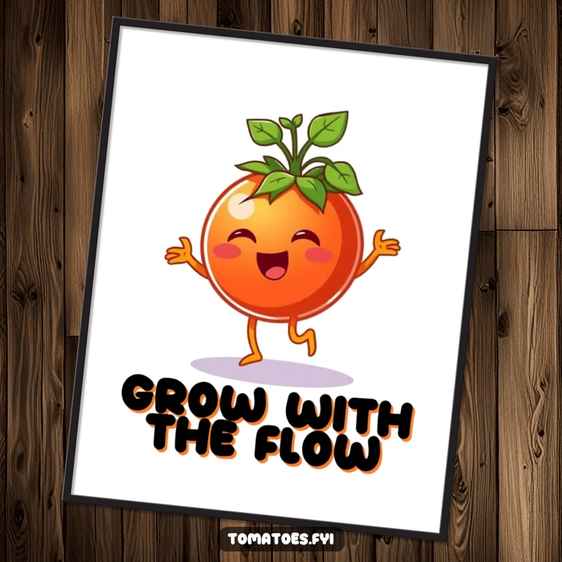 Funny Free Printable Wall Art: A happy tomato dances a jig with leafy sprouts, creating a cheerful downloadable art piece.