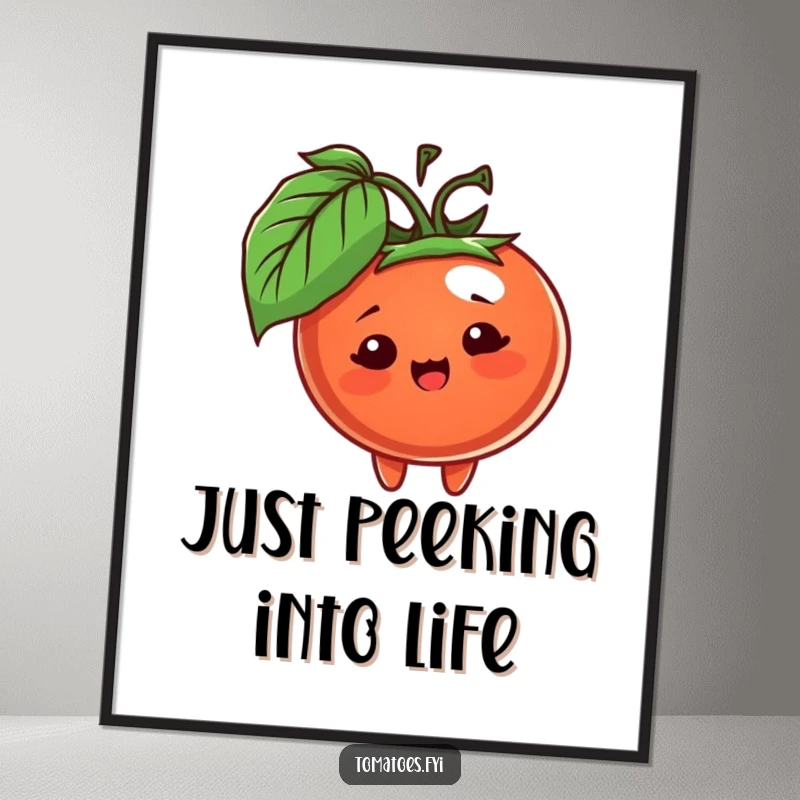 Funny free printable wall art of a cheerful tomato character peeking playfully from behind a vibrant green leaf.