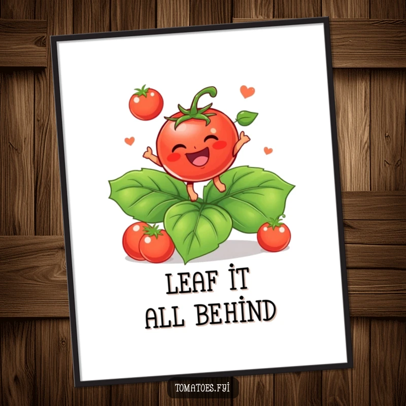 Funny Free Printable Wall Art depicting a delighted baby tomato character bouncing cheerfully on a large vibrant leaf.