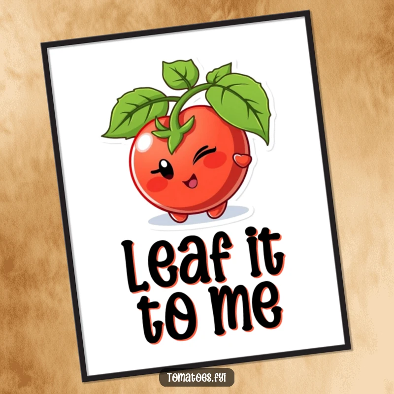 Funny Free Printable Wall Art: Winking tomato character playfully peeking from behind a leaf, playful downloadable decor.