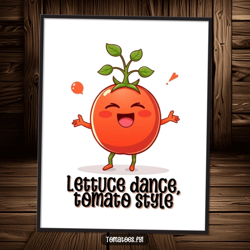 Funny Free Printable Wall Art: A cheerful tomato with a wide grin, legs bent, doing a comical, energetic dance.
