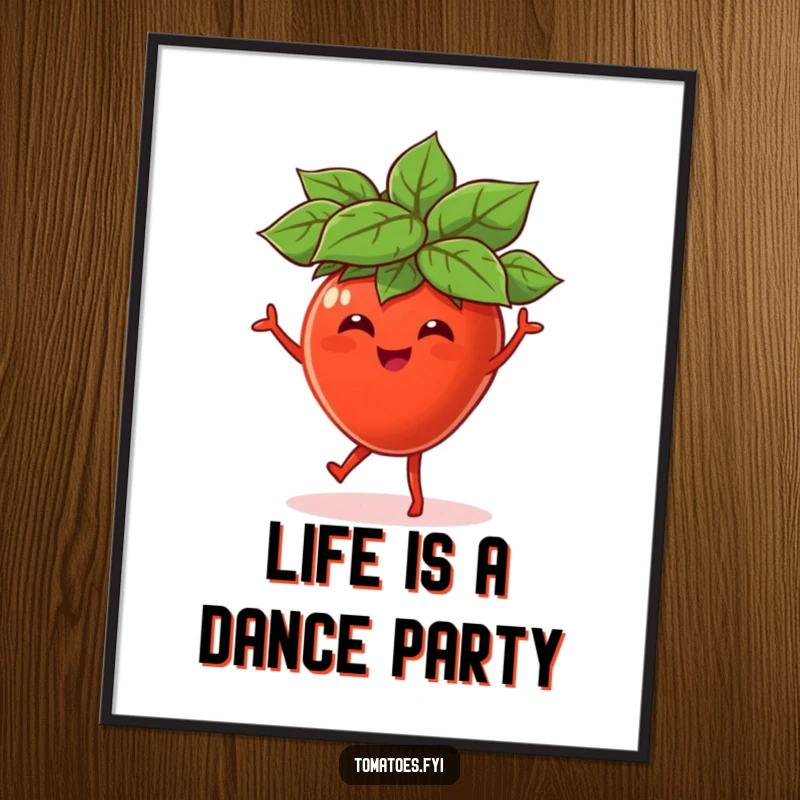 Funny Free Printable Wall Art: A tomato in a leaf hat dancing energetically, adding humor to any room, perfect for gifting.