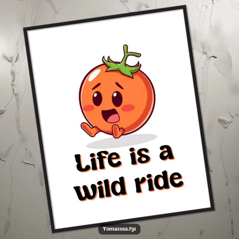 Funny Free Printable Wall Art: A surprised tomato character comically tumbling with a smile, a vibrant and humorous art piece.