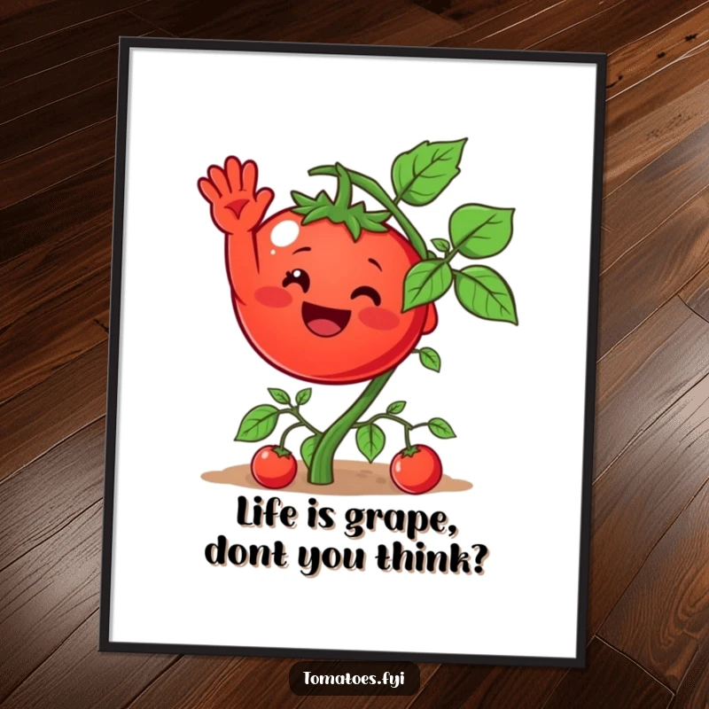Funny Free Printable Wall Art: A happy tomato character waving from a vine, adding quirky charm to any room.