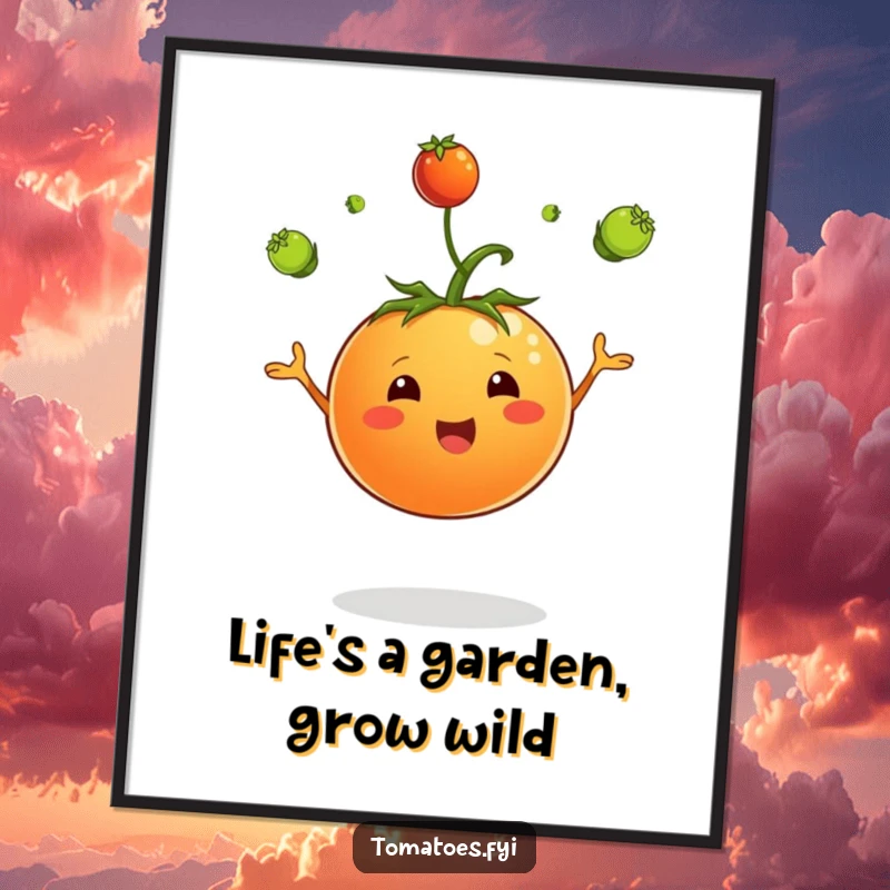 Funny free printable wall art of a jubilant tomato character juggling tiny green sprouts with impressive skill.