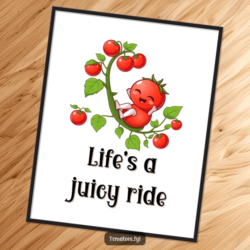 Funny Free Printable Wall Art: A winking tomato slides down a vine, creating a humorous and charming downloadable art piece.