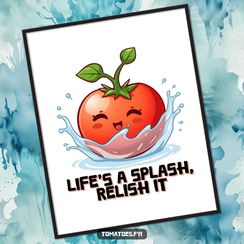 Funny Free Printable Wall Art: A tomato character enthusiastically splishing and splashing in water, creating a lively and humorous scene.
