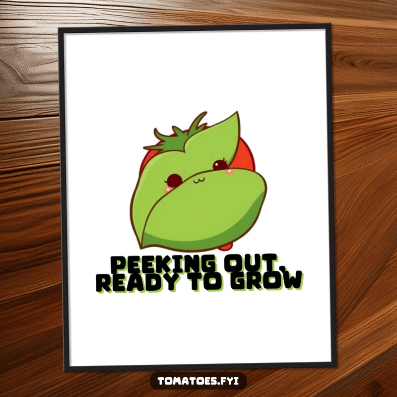 Funny Free Printable Wall Art: A bashful tomato character peeking from behind lush leaves, creating a whimsical and shy artistic statement.