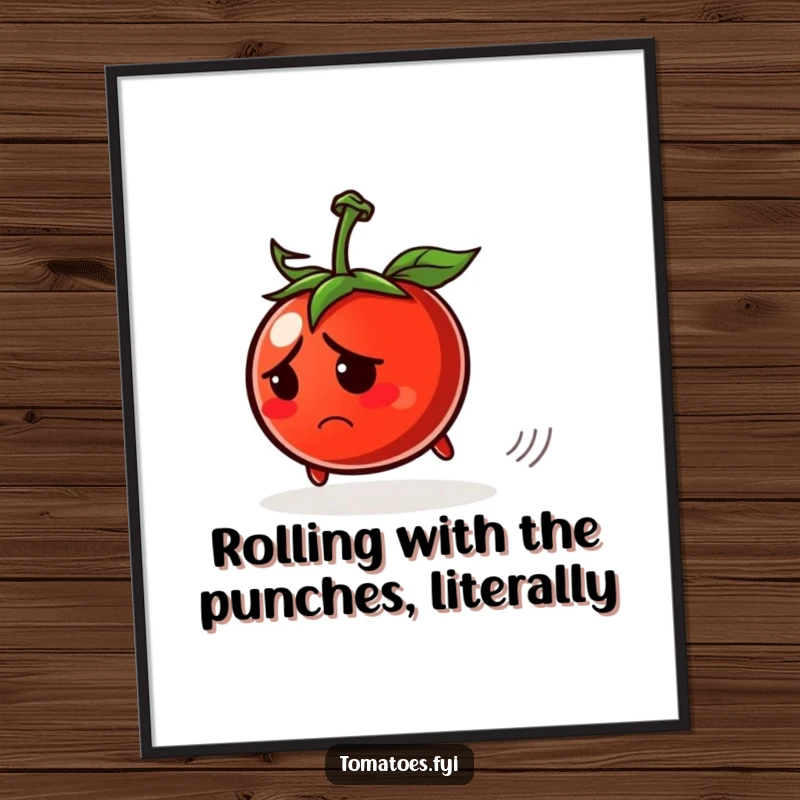 Funny Free Printable Wall Art: Worried tomato character rolls away with a distressed expression.