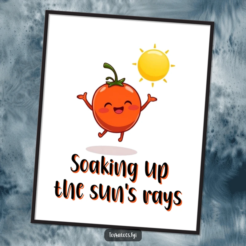 Funny Free Printable Wall Art: Cheerful tomato character dances merrily under a bright, beaming sun.
