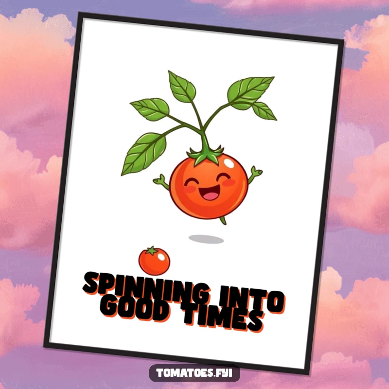 Funny Free Printable Wall Art of a jovial tomato character spinning happily on its stem, creating a sense of joyful movement.