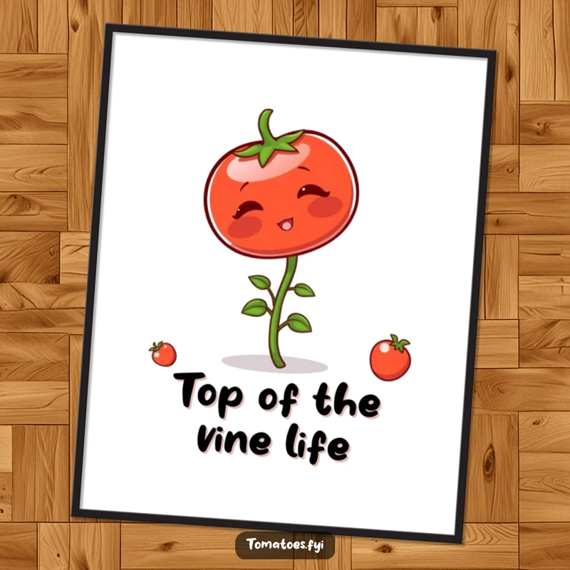Funny Free Printable Wall Art: Blushing tomato character comically trying to balance on its stem, quirky downloadable decor.