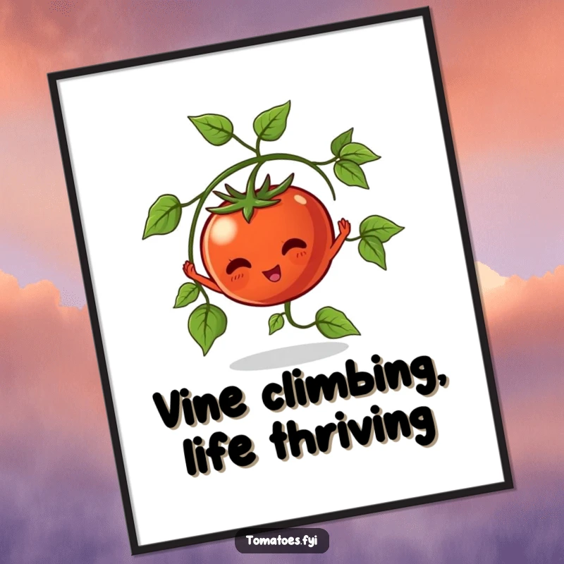 Funny Free Printable Wall Art of a tomato plant character joyfully stretching its leaves, a fresh and humorous piece of downloadable art.