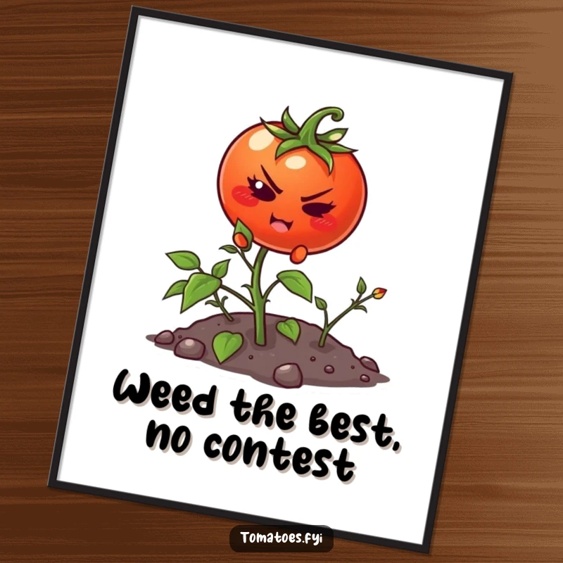 Funny Free Printable Wall Art: A determined tomato character diligently climbing a small weed, symbolizing persistence and adding a humorous touch to decor.