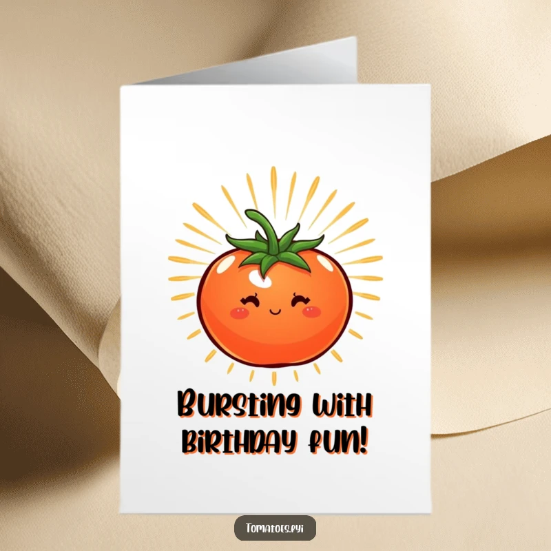 Funny Free Printable Birthday Card: A tomato radiating with a bright yellow starburst of energy, looking supercharged and happy.
