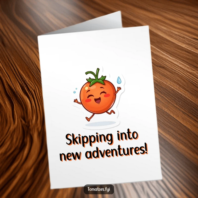 Funny Free Printable Birthday Card: Cheerful tomato character happily skipping with a dewdrop, a delightful DIY gift.