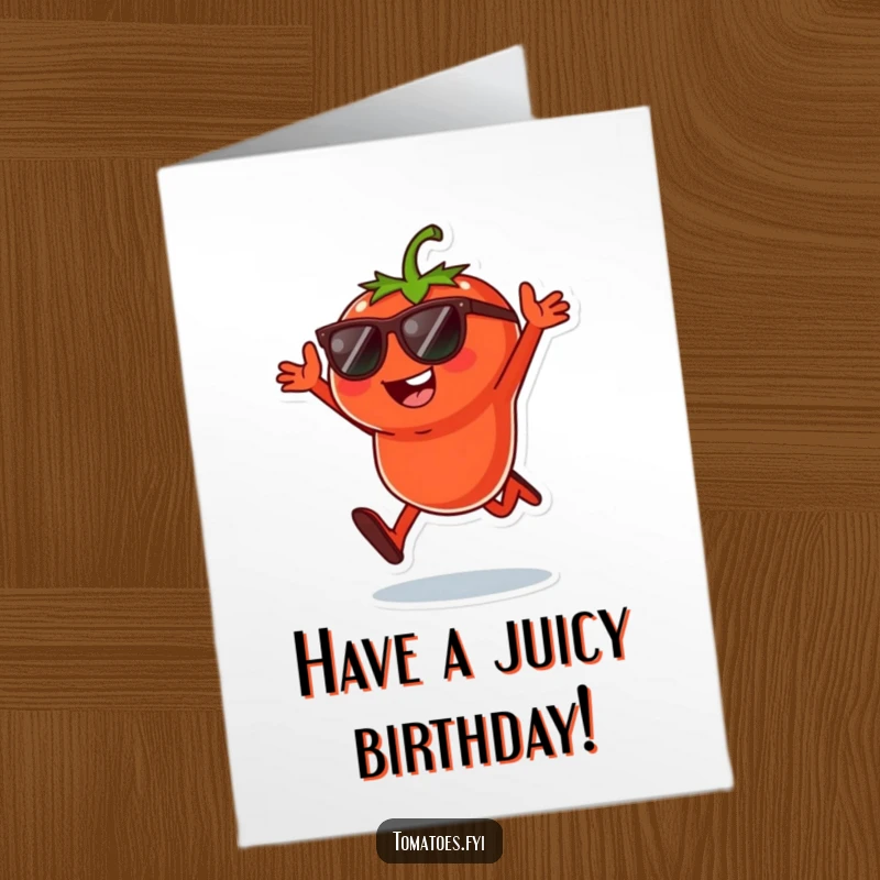 Funny Free Printable Birthday Card: A tomato character wearing sunglasses does a playful jump, looking super cool.