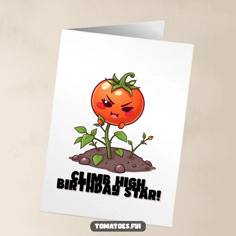 Funny Free Printable Birthday Card: Determined tomato character bravely attempting to climb a tiny weed, symbolizing effort and a humorous struggle.